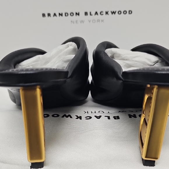 Brandon Blackwood Black Leather Knotted Mule Sandals with Gold B-Heel - Picture 4 of 15